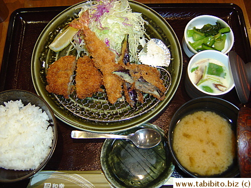 My set:fried pork, fried prawn, fried stuffed eggplant, miso soup, savory steamed egg pudding and pickled vegetables