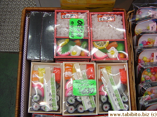 Obento made of candies, even comes complete with chopsticks. Just like the real thing