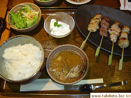 I had grilled chicken lunch set.  The sticks on the plate from left to right are: grilled chicken skin, gizzard, thigh meat and chicken meatballs