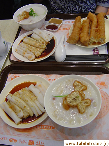 The kind of breakfast I grew up eating: Congee, steamed rice rolls and fried dough. Heavenly combination