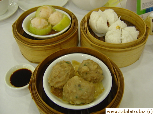 Steamed bbq pork buns, steamed meatballs and prawn-stuffed Chinese gourd