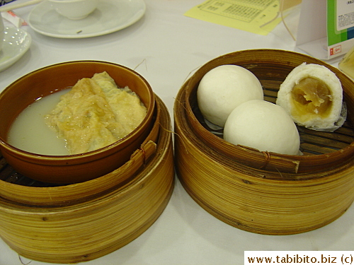 Steamed tofu rolls in soup made with sharks' bones and steamed buns with a sweet stuffing