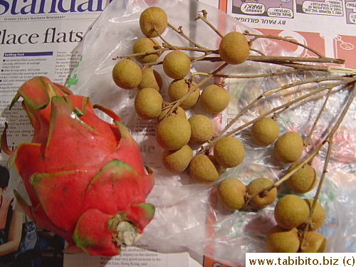 Dragon fruit (left) and Longan for dessert