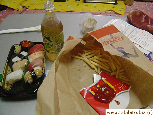 Our dinner the first night back. KL had sushi and a bottle of ginger ale, I had McDonald's