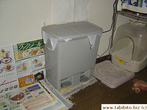 Daifoo's dining area and toilet. I read that you shouldn't set the two areas too closely because cats don't like it.  But what can you do in a small apartment?  Even cats have to learn to adapt