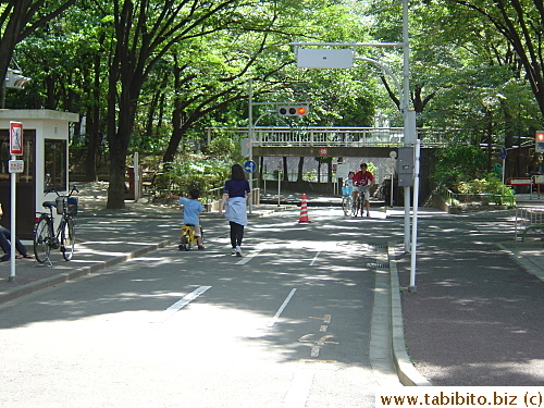 There are miniature traffic lights and road signs on the ground in the park