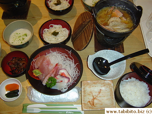 My lunch set which features sashimi (raw seafood) and seafood soup