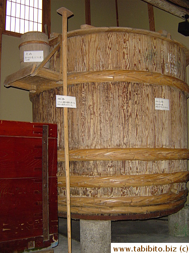 A huge wooden drum used to make sake in the old days
