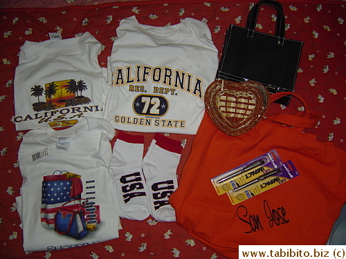 This year's gifts are almost like they want to sell their city/country to us.  There are California T-shirts, USA socks and San Jose bag