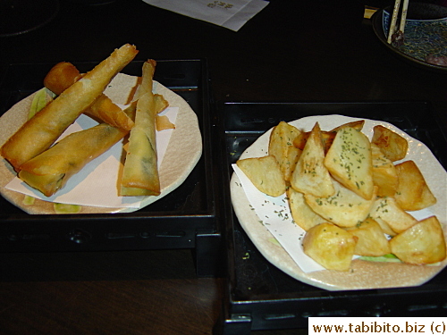 We also had spring rolls with cheese and mochi, and garlic fried potatoes