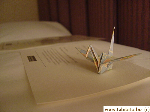 In hotels in Southeast Asia, they may leave an orchid on your pillow at turn-down service; at Rick's, they got an origami crane. Neat