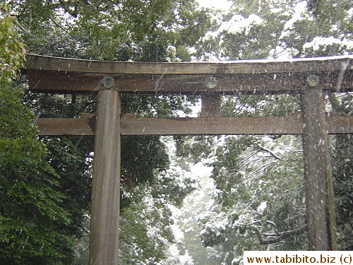 A shrine's entrance amid falling snow