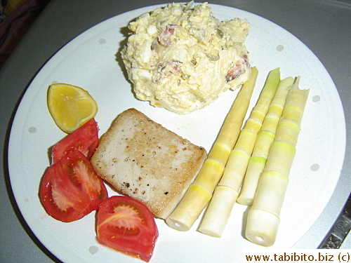 Our dinner: Potato salad, seared tuna and grilled bamboo shoots