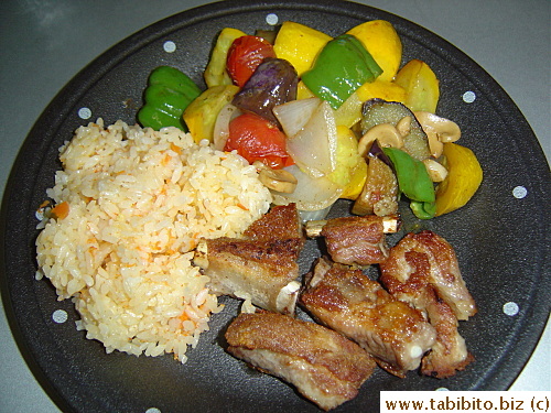 Our dinner that night: Carrot rice, ratatouille and pan-fried short ribs
