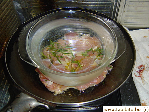 Weighing down the chicken while frying it will ensure a very crispy skin. Turn it over after 4 minutes and fry the other side unweighted for 3 more minutes and you'll have juicy meat and crunchy skin chicken