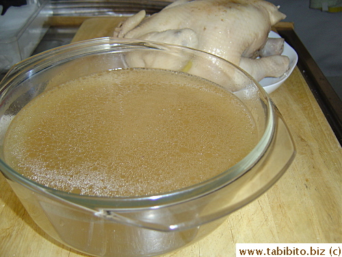 Leftover stock can be used to make soup or another pot of rice. Cover the chicken with plastic wrap while the rice is cooking