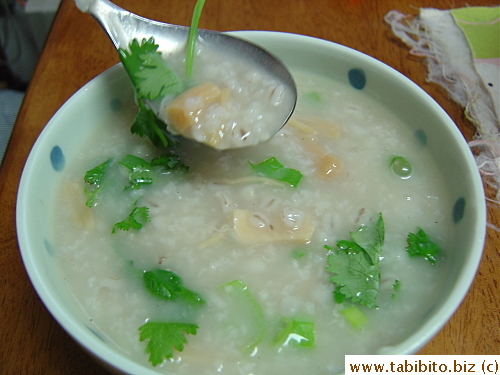 Closeup of the dried scallop. Adding pearl barley to the rice will make the porridge very creamy and thickish. (I don't like my congee watery)