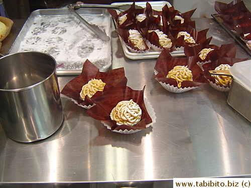 The spaghetti-like strands are made of chestnut puree and cream. I think they look like the inside of a brain