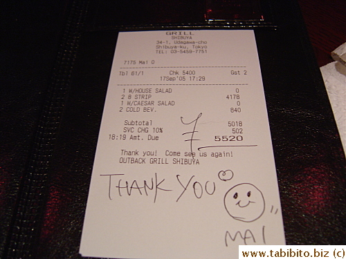 Our hostess that night was a very friendly girl called Mai and she drew a smilie on the receipt