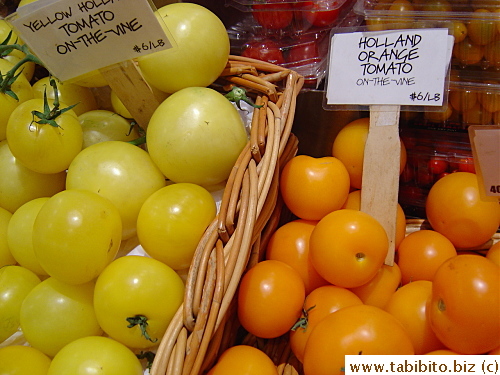 Unusual yellow and orange tomatoes for sale in Dean & Deluca. We bought olive oil and clam juice in the store