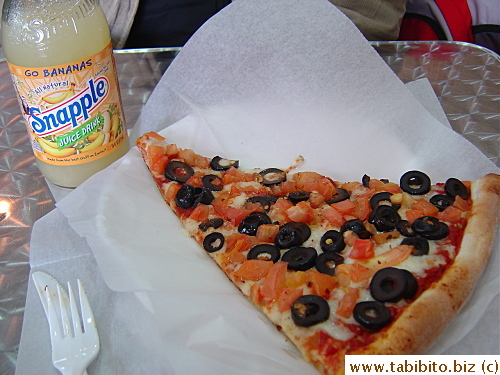 Olives and tomato pizza was chock full of olives, I love it!