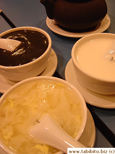 The not-so-good Chinese dessert:The sesame soup way too thick (and we had a good laugh saying it looked like quick sand that floated the spoon), the almond soup was watery and the ginko nuts in the tofu sheet soup tasted funny