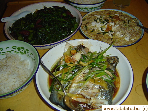 The yummy stir-fried Chinese broccoli with Chinese sausages, minced pork with salted eggs, steamed fish and jasmine rice 