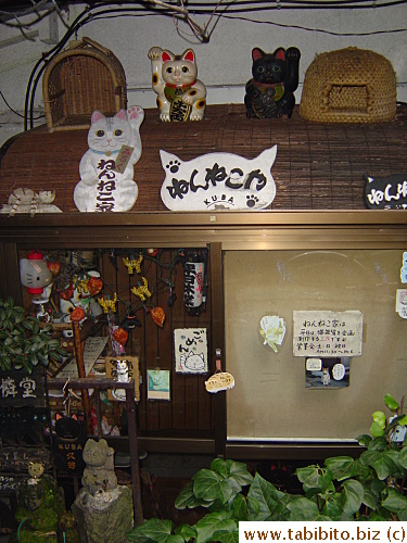 Cats including Manekineko decorate the shop's exterior 