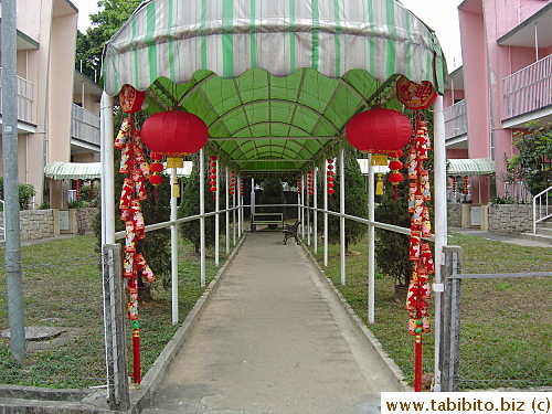 A nursing home decorates its portico with lanterns and paper firecrackers for the Chinese New Year