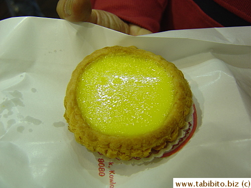 The best egg tart I ever had: flaky tart shell and just slightly sweet baked custard filling. When we bought one, it was so good I had to go back and get another one. The tart was so fresh the filling was still steaming when I bit into it