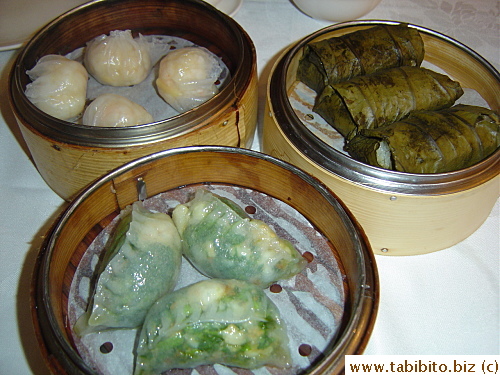 Prawn dumplings, pea shoot and prawn dumplings, and sticky rice wrapped in lotus leaf, very delicious