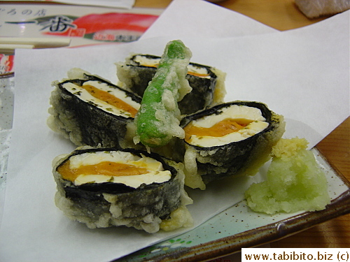 Sea urchin and tofu wrapped in seaweed tempura