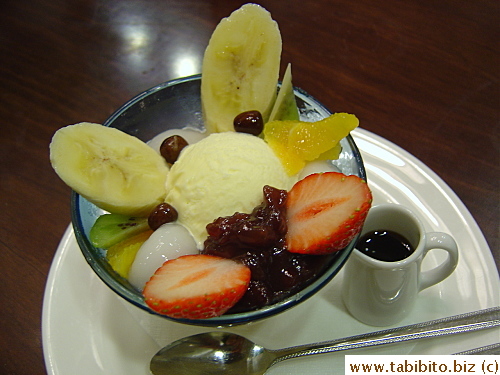 My dessert: Ice cream and fruit and Japanese sweets