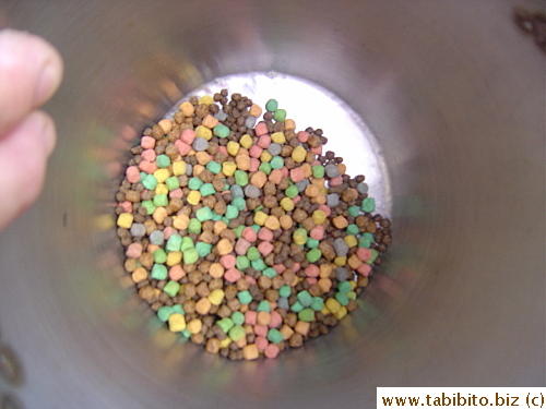 Pellets for the turtles, but they also eat fish and squids. I fed one with a fish
