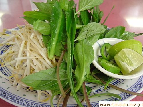 The typical toppings accompany pho include bean sprouts, basil, herbs, chilis and lime or lemon