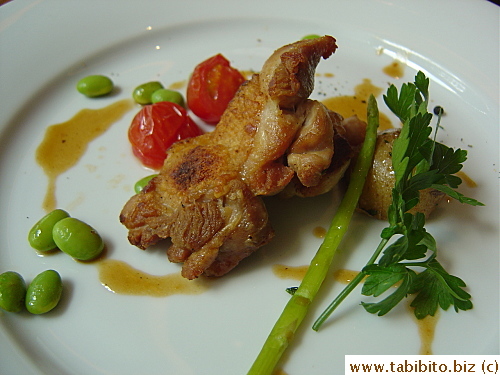 Entrée close up. The asparagus was thin as a chopstick and very tender