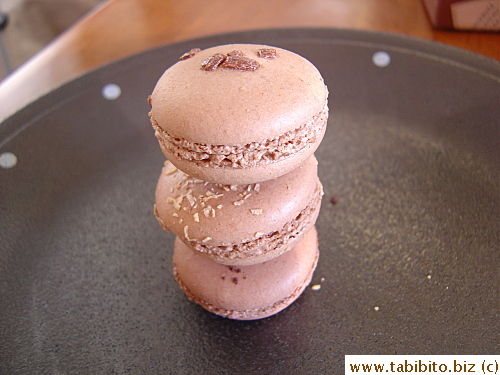 Top to bottom: Macaron chocolat café, macaron chocolat Fleur d'oranges, macaron chocolat amer (bitter chocolate) 158Yen/$1.5 each