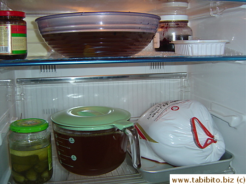 Next, the cooled salty liquid gets chilled in the fridge