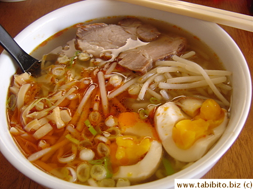 Our Xmas Day lunch: homemade ramen with roast pork slices, bean sprouts, soft boiled egg, chopped green onions, bamboo shoots and chili sauce, very yummy