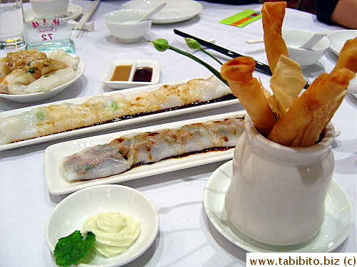 L to R: Pan-fried Rice Rolls with Dried Shrimps HK$12.8/US$1.6, Steamed Rice Rolls with Scallops HK$28/US$3.5, Steamed Rice Rolls with Minced Beef HK$26/US$3.1, Spring Rolls with Crushed Garlic HK$15.8/US$2