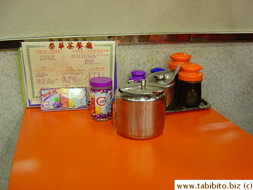 Typical condiments on diner tables and booths