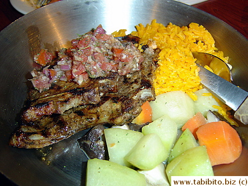Grilled Pork Chops with pilaf and vegetables. Yummy pork but a bit overcooked and tough