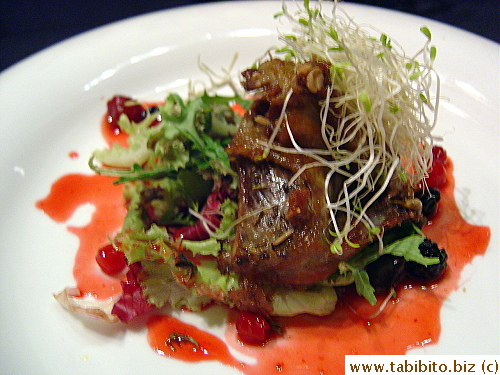 My baby pigeon confit salad with berry dressing