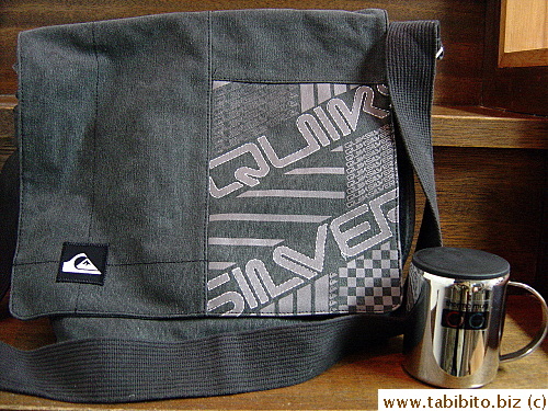 KL's bag and mug. He's been using the mug and it totally works. It keeps coffee hot for a long time.