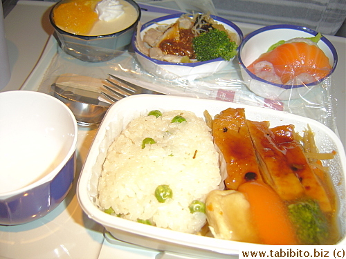 Tokyo to L.A. dinner: Grilled Chicken Yuzu Pepper Flavor, Seafood Salad, Boiled Pork with Miso Sauce Noodle Salad, Orange Mousse