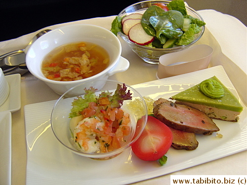 Appetizer: Marinated Seafood, Foie gras & Vegetable Gateau, Duck, Salad, Consomme