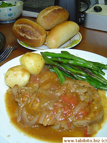 That night's dinner was mostly from that shipment: Pork chop, garlic green beans, roasted tater and mini baguettes