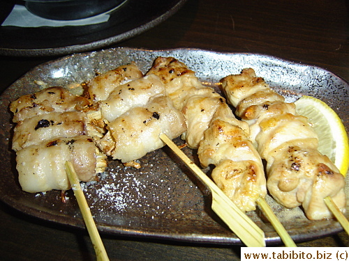 Left: Enoki mushroom pork rolls 462Yen/$3.8, Yakitori 483Yen/$4