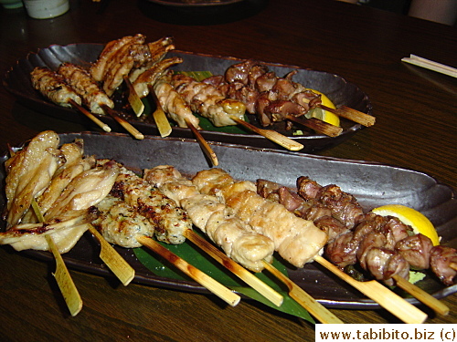 Grilled wings, minced chicken, chicken thighs and gizzard, from 500-600Yen/$4-5 each