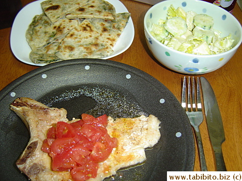 Dinner: Basil pancakes, cucumber and lettuce salad, pork chop with fresh tomato salsa-y sauce